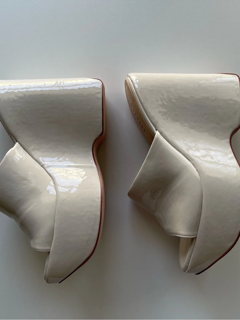 Patent Cream Platform Wedge Mules